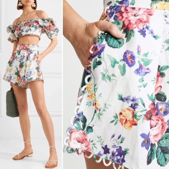 Zimmermann Pants - NWT Zimmermann Allia Scalloped High Rise Floral Print Linen Short White US 4